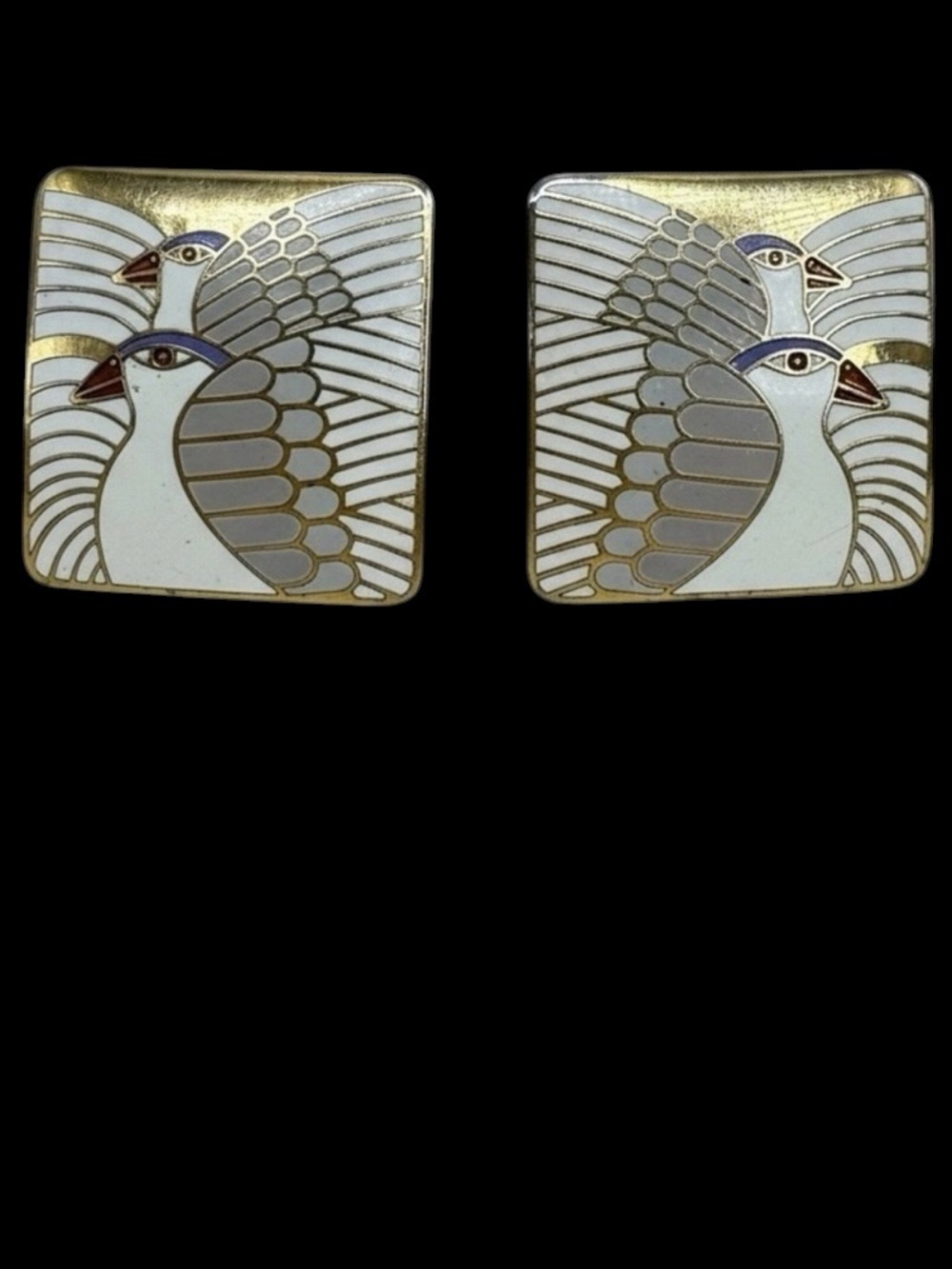 VTG 90's Laurel Burch Moon Doves Gold Tone Pierced Earrings 1‎ In Cloisonne Boho